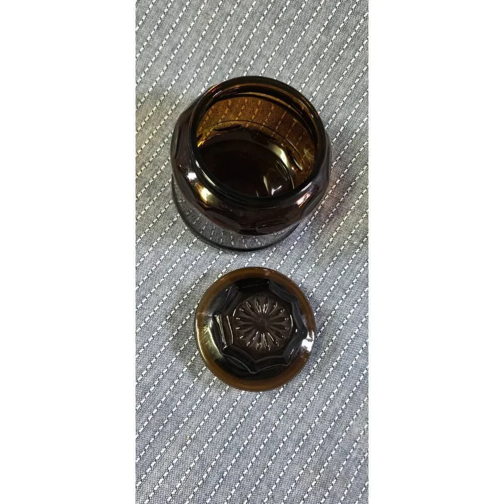 VTG Cremora 1970's Dark Amber Brown Glass Apothecary Jar - Starburst Lid - 4 in